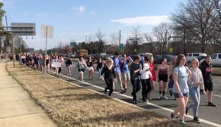 Hundreds from each high school &mdash; Richard Montgomery High School in Rockville, Md.; Montgomery Blair High School in Silver Spring, Md.; and Bethesda Chevy Chase High School in Bethesda, Md. &mdash; left school buildings at 9:30 a.m. (Images courtesy screenshot)