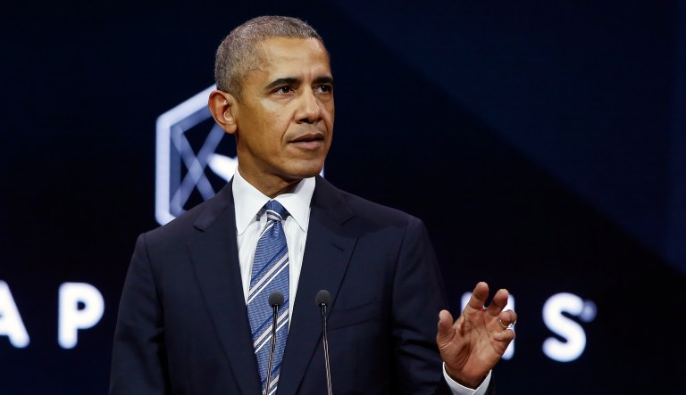 Former U.S. President Obama gives a speech, in Paris, Saturday, Dec. 2, 2017. Former U.S. President Barack Obama is ending a five-day international trip in Paris, where he is lunching with French President Emmanuel Macron and scheduled to give a speech to business leaders. (AP Photo/Thibault Camus)