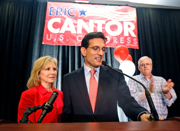 Congressman Eric Cantor, R-Va.,  stands beside his wife Diana, left,  and delivers a concession speech at his election night party in Richmond, Va., Tuesday. Cantor lost the GOP primary to tea party candidate Dave Brat.  (AP Photo/Steve Helber)