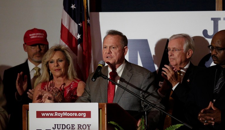 Former Alabama Chief Justice Roy Moore won the Alabama Republican primary runoff for U.S. Senate on Tuesday, defeating an appointed incumbent backed by President Trump. (AP Photo/Brynn Anderson)