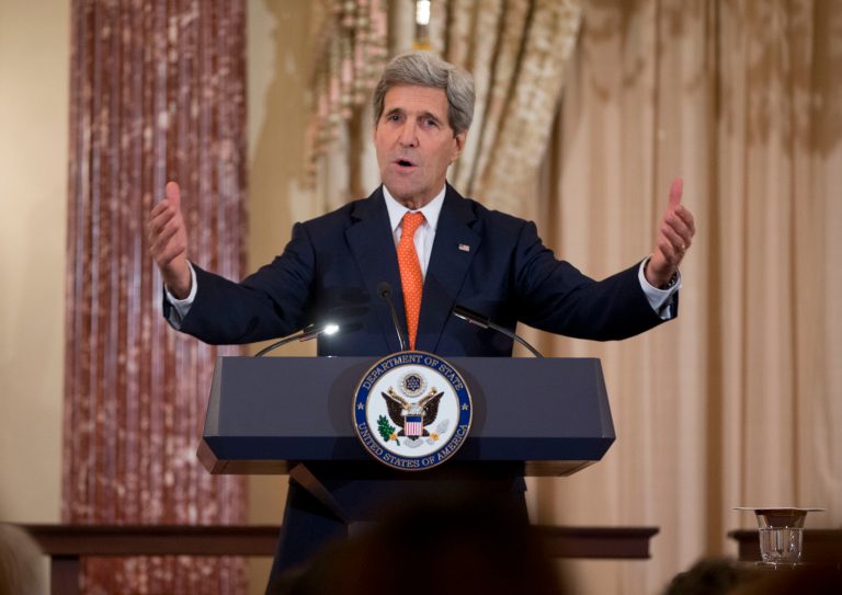 Sec. of State John Kerry speaks to members of the US Diplomatic Corp regarding State Departments response to the Ebola outbreak, Friday, Oct. 17, 2014, at the State Department building in Washington.  Kerry is pleading with diplomats from around the world to donate more money and aid to West African nations battling the Ebola virus.  (AP Photo/Pablo Martinez Monsivais)
