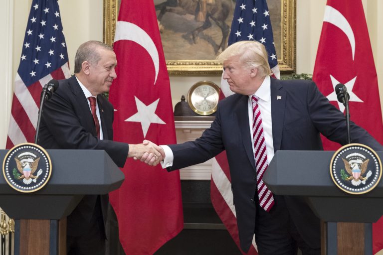 President Trump shakes hands with Recep Tayyip Erdogan, Turkey's president, during a news conference at the Roosevelt Room of the White House in Washington on May 16. After the Turkish government refused to guarantee that members of the German parliament could visit German troops at Incirlik, Berlin announced it was moving its forces and planes to Jordan. (Michael Reynolds/Pool via Bloomberg)