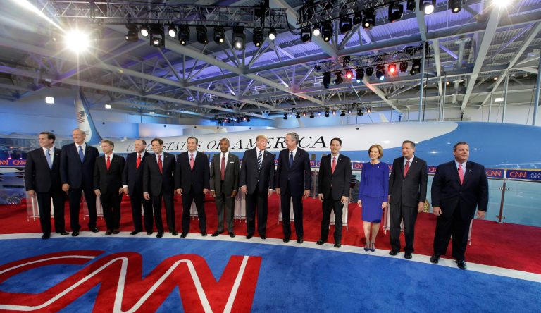Republican presidential candidates, from left, former Pennsylvania Sen. Rick Santorum, former New York Gov. George Pataki,  Sen. Rand Paul, R-Ky., former Arkansas Gov. Mike Huckabee, Sen. Marco Rubio, R-Fla., Sen. Ted Cruz, R-Texas, retired neurosurgeon Ben Carson, businessman Donald Trump, former Florida Gov. Jeb Bush, Wisconsin Gov. Scott Walker, businesswoman Carly Fiorina, Ohio Gov. John Kasich, and New Jersey Gov. Chris Christie take the stage during the CNN Republican presidential debate at the Ronald Reagan Presidential Library and Museum on Wednesday, Sept. 16, 2015, in Simi Valley, Calif. (AP Photo/Chris Carlson)