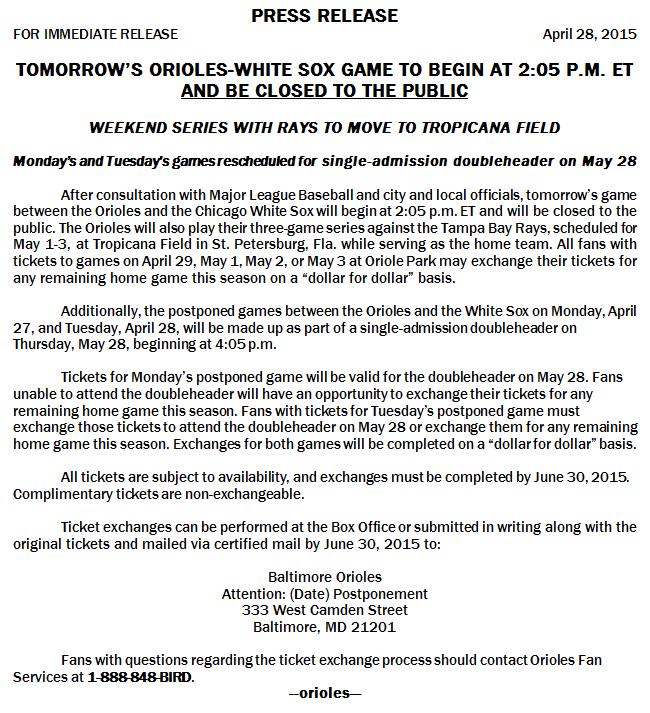 Closed to the Public: Orioles to Play Game in Empty Stadium
