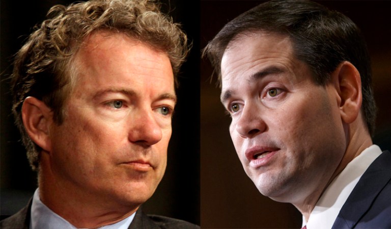 After being called an isolationist by Sen. Rand Paul, R-Ky., (left) because of his response to President Obama's new policy toward Cuba, Sen. Marco Rubio, R-Fla., took the radio airwaves to jab back. (AP Photos)