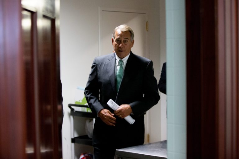 House Speaker John Boehner of Ohio arrives for a news conference on Capitol Hill in Washington, Tuesday, April 14, 2015, following a GOP strategy meeting. (AP Photo/Andrew Harnik)