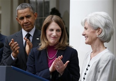 President Obama has nominated Sylvia Mathews Burwell, center, to replace outgoing HHS Secretary Kathleen Sebelius. (AP Photo)