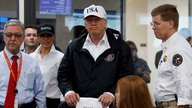 President Donald Trump and first lady Melania Trump participate in a tour of the Texas Department of Public Safety Emergency Operations Center, Tuesday, Aug. 29, 2017, in Austin, Texas. (AP Photo/Evan Vucci)
