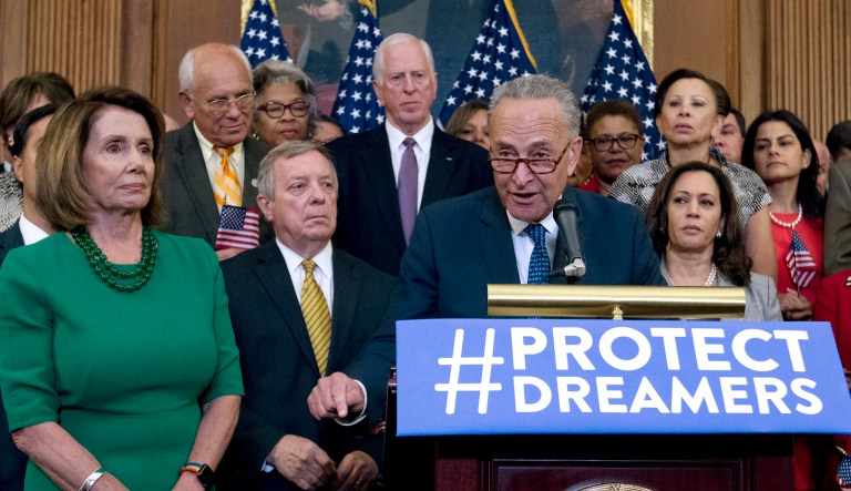 Senate Minority Leader Chuck Schumer, accompanied by House Minority Leader Nancy Pelosi, and others members of the House and Senate Democrats, speaks during a news conference on Capitol Hill. It's beginning to look like Congress' election-year battle over immigration could end up in stalemate or a narrowly focused bill. ( AP Photo/Jose Luis Magana)