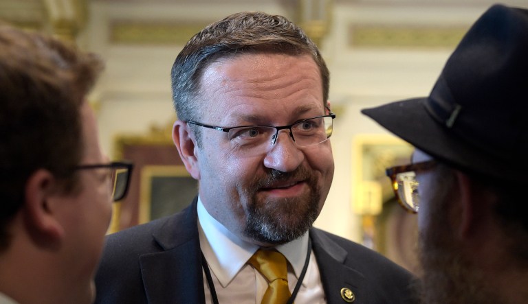 Former national security adviser Sebastian Gorka was spotted outside the White House seemingly picking up his belongings on Friday. (AP Photo/Susan Walsh, File)