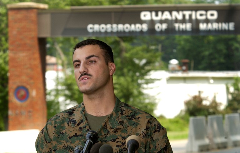 Marine Cpl. Wassef Ali Hassoun makes a statement to the press outside Quantico Marine Base in Quantico, Va., Monday July 19, 2004. (AP Photo/Steve Helber)