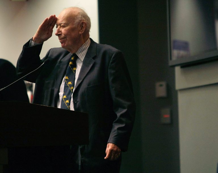 Former West Virginia Secretary of State and former U.S. Rep. Ken Hechler, D-W.Va., salutes during a ceremony to commemorate the 60th anniversary of Executive Orders 9980 and 9981 August 6, 2008 at the Pentagon in Arlington, Va. The executive orders were signed by former president Harry Truman in 1948 to mandate fair employment practices for the federal government workforce and desegregation of the U.S. armed forces. (Photo by Alex Wong/Getty images)