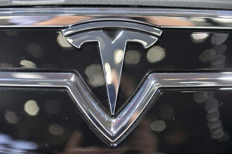 The Tesla logo at the North American International Auto Show at Cobo Center in Detroit. (Uli Deck/AP Images)