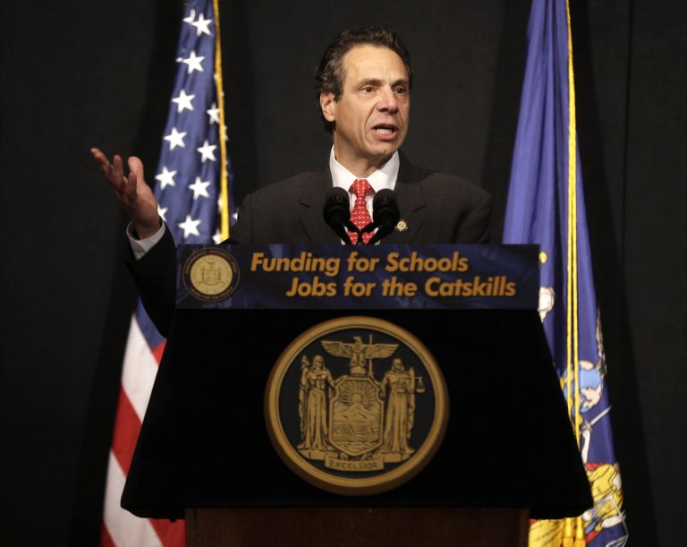 FILE - In this Nov. 6, 2013 file photo, New York State Governor Andrew Cuomo speaks during a news conference in Bethel, N.Y. Cuomo is expected to deliver an election-year State of State address touting tax breaks and economic successes. The annual speech Wednesday, Jan. 7, 2014 marks the start of the legislative season in Albany and Cuomo has used the days leading up to the speech to preview a few policy proposals. (AP Photo/Seth Wenig, File)
