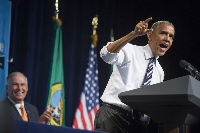 President Obama speaks at Gov. Jay Inslee's re-election fundraiser at the Washington State Convention Center in Seattle, Wash. (Mike Siegel/The Seattle Times via AP, Pool)