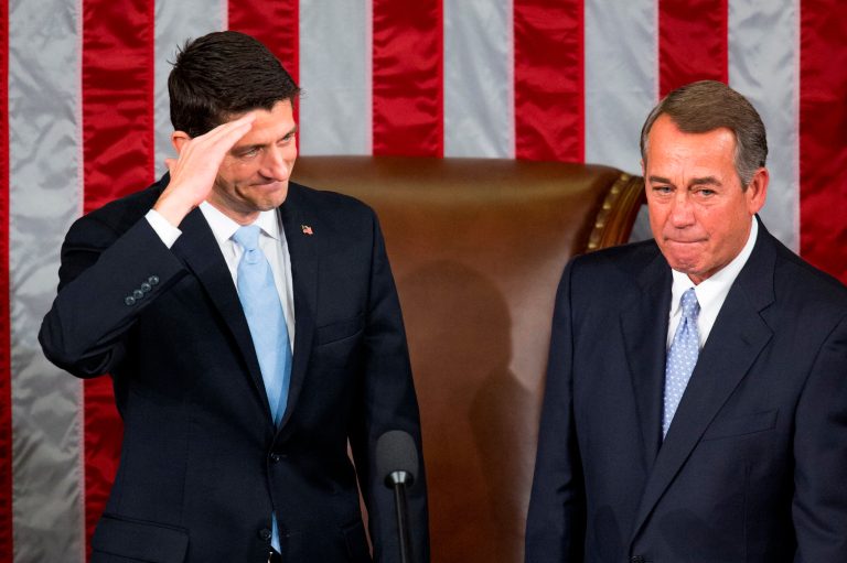 Former House Speaker John Boehner stands with his successor Rep. Paul Ryan, R-Wis. (AP Photo/Andrew Harnik, File)