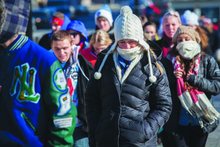 Graeme Jennings/Examiner
Teenagers braved the cold as temperatures dropped to 25 degrees, with a windchill of 13 degrees in the Districton Tuesday.