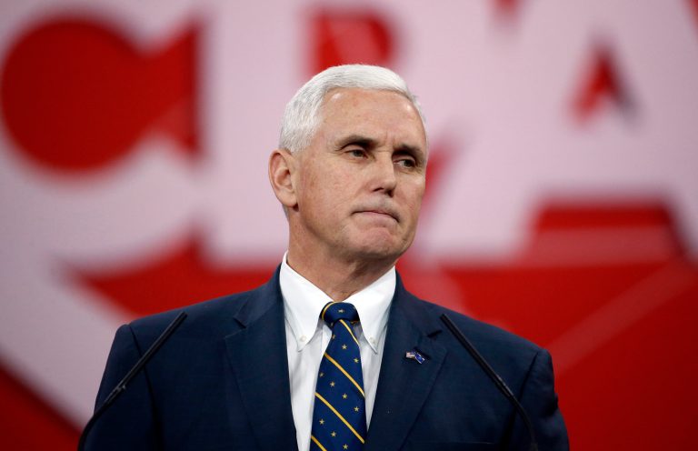 Indiana Gov. Mike Pence pauses while speaking at the Conservative Political Action Conference (CPAC) Friday, Feb. 27, 2015 in National Harbor, Md. (AP Photo/Alex Brandon)