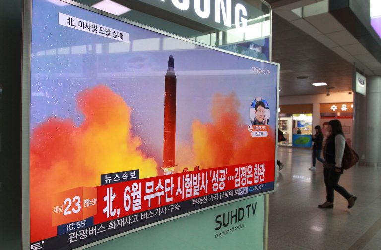It was not clear what type of rocket may have been used, but military officials believe it was a ballistic missile.(AP Photo/Ahn Young-joon)