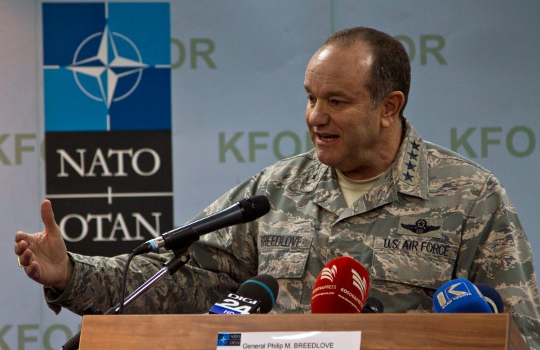 NATO's Supreme Allied Commander for Europe Gen. Philip Breedlove speaks at a press conference at the KFOR military headquarters in capital Pristina on Thursday, Feb. 19, 2015 during his visit to Kosovo. (AP Photo/Visar Kryeziu)