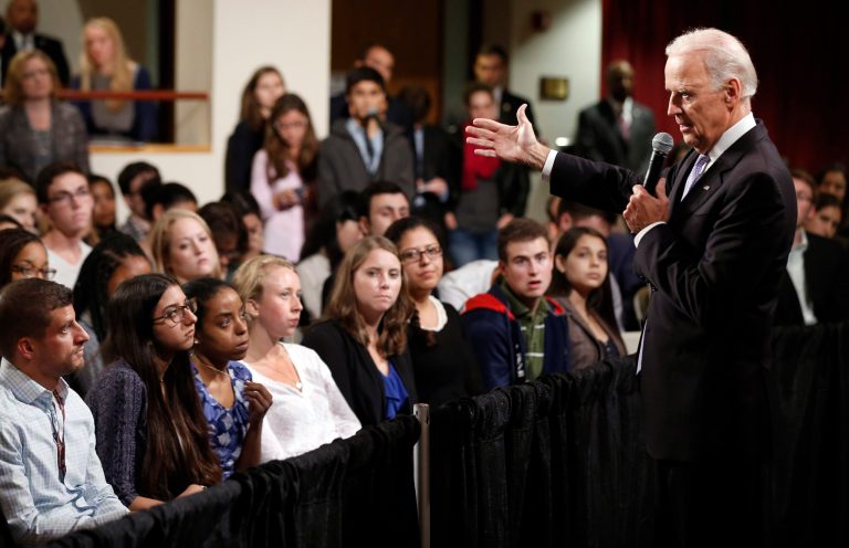 Vice President Joe Biden answers questions from students at Harvard University's Kennedy School of Government in Cambridge, Mass. Thursday, Oct. 2, 2014. (AP Photo/Winslow Townson)