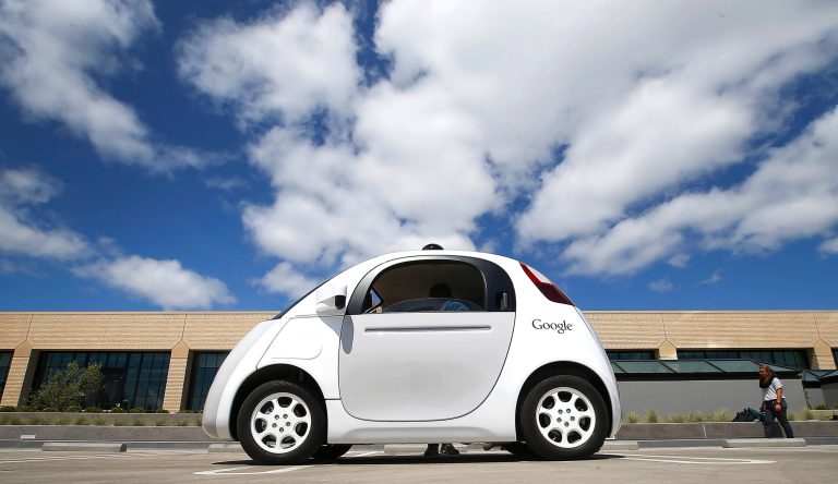 Google's new self-driving prototype car is presented during a demonstration at the Google campus in Mountain View, Calif. (AP photo) 