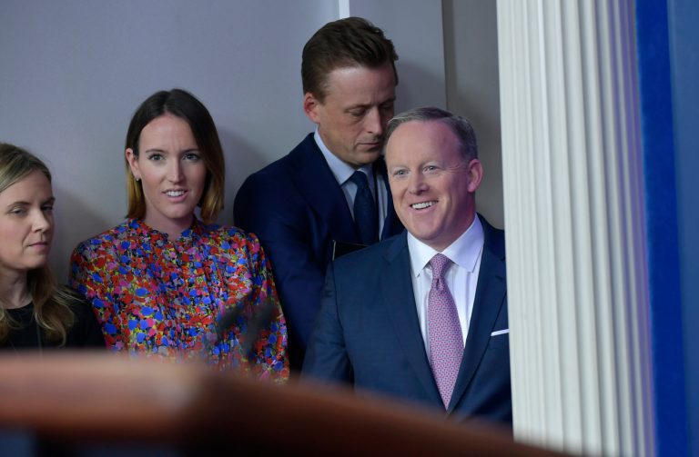White House press secretary Sean Spicer arrives to give his daily briefing at the White House in Washington, Monday, Jan. 23, 2017. Spicer answered questions about prescriptions drug costs, trade, President Donald Trump's schedule among other topics. (AP Photo/Susan Walsh)