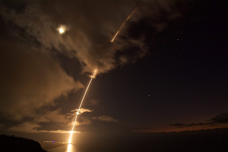 A medium-range ballistic missile target is launched from the Pacific Missile Range Facility on Kauai, Hawaii. The destroyer USS John Paul Jones intercepted the target with an SM-6 missile. (Missile Defense Agency photo)