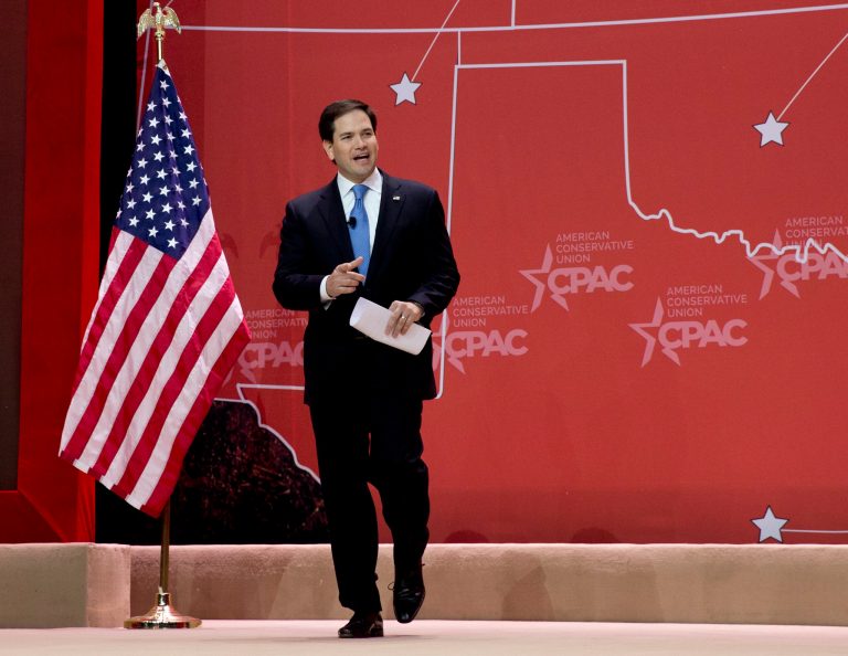 Sen. Marco Rubio, R-Fla., arrives to speak during the Conservative Political Action Conference (CPAC) in National Harbor, Md., Friday, Feb. 27, 2015. (AP Photo/Carolyn Kaster)