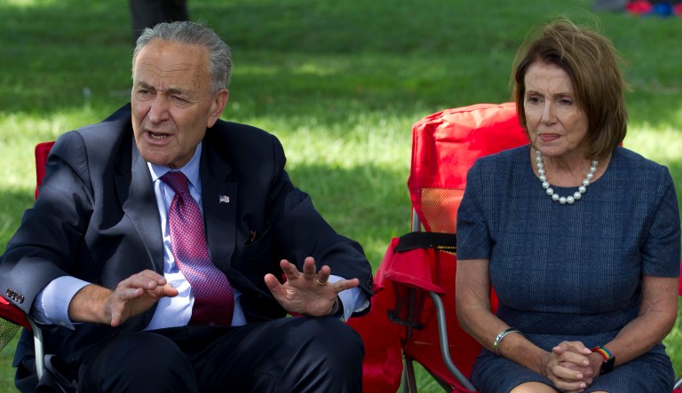 Senate Minority Leader Chuck Schumer and House Minority Leader Nancy Pelosi, among others, made the call to President Trump urging him to oppose the proposed Republican budget they say would cut Medicare and Medicaid programs. (AP Photo/Jose Luis Magana)