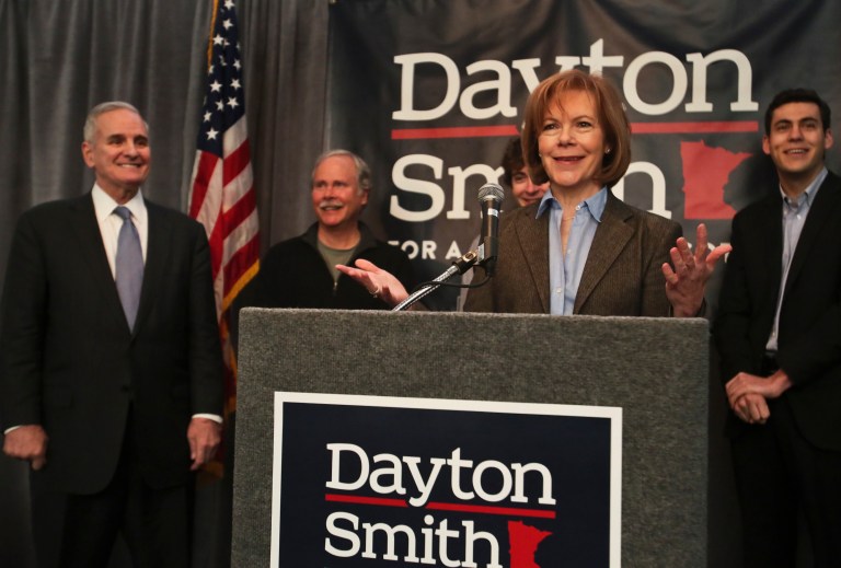 Gov. Mark Dayton, left, stands with his pick for  Lt. Gov.,  Tina Smith, during a news conference Tuesday at the AFL-CIO  offices in St. Paul, Minn. (AP/Star Tribune, David Joles)