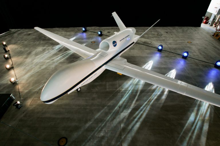 A Global Hawk drone, the Air Force's unmanned spy plane, is unveiled at Edwards Air Force Base in California in January 2009. (AP Photo/Reed Saxon, File)
