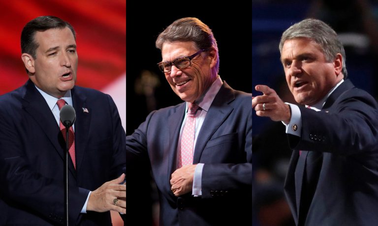 Former Texas Gov. Rick Perry, center, has reportedly encouraged Rep. Michael McCaul, right, to mount a primary challenge against Sen. Ted Cruz, left, for his Senate seat in 2018. (AP Photos)