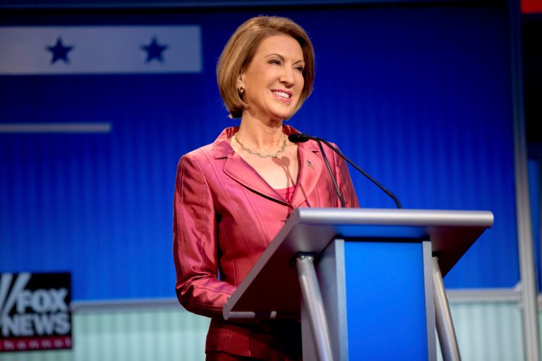Republican presidential candidate businesswoman Carly Fiorina stands on stage for a pre-debate forum at the Quicken Loans Arena, Thursday, Aug. 6, 2015, in Cleveland. (AP Photo/Andrew Harnik)