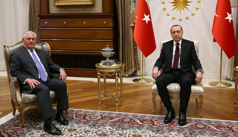 Secretary of State Rex Tillerson met with Turkey's President Recep Tayyip Erdogan in Turkey. Tillerson started a two-day trip to Turkey amid growing tensions between the two NATO allies. (Pool Photo via AP)