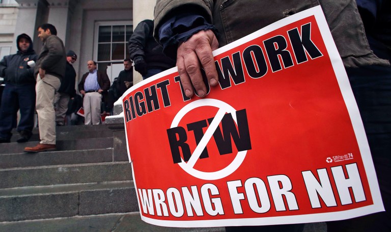 House lawmakers have killed the union-targeting legislation after a Republican-on-Republican debate. The outcome marks a defeat for Republican Gov. Chris Sununu, who called right to work a top priority and had urged members of his party to get in line. (AP Photo/Charles Krupa)