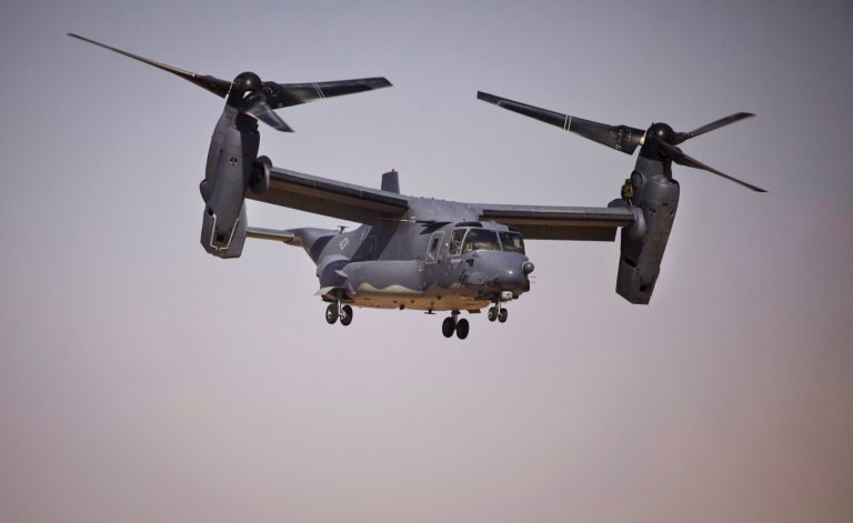 A U.S. Bell Boeing V-22 Osprey aircraft takes off. A report predicts the U.S. is on track to match or surpass last year's $43B in sales to foreign militaries. (AP Photo/Maya Alleruzzo)