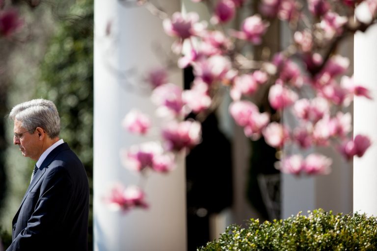 Federal appeals court judge Merrick Garland, pictured, stands with President Obama and Vice President Joe Biden as he is introduced as Obama's nominee for the Supreme Court. (AP Photo/Andrew Harnik)