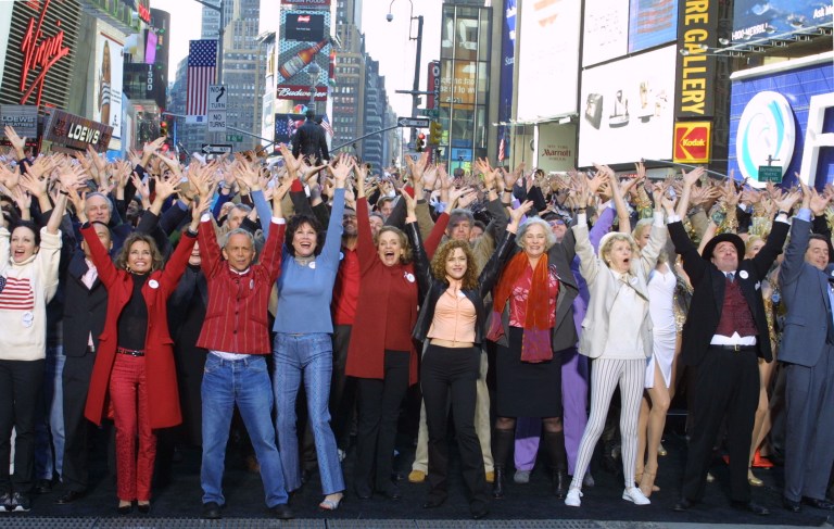   FILE - This Sept. 28, 2001 file photo shows hundreds of Broadway cast members, including front row, from left, Bebe Neuwirth, Susan Lucci, Joel Grey, Michele Lee, Valeria Harper, Bernadette Peters, Betty Buckley, Elaine Stritch, Nathan Lane and Matthew Broderick. singing 