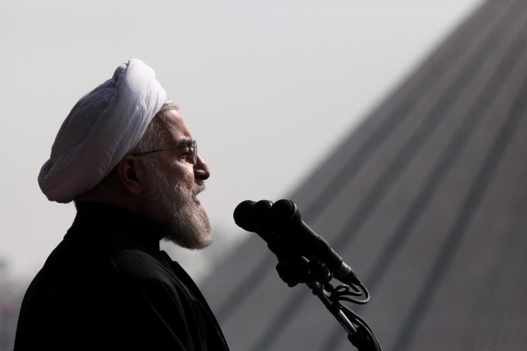 Iranian President Hassan Rouhani, delivers a speech during an annual rally commemorating anniversary of the 1979 Islamic revolution, at the Azadi 'Freedom' Square in Tehran, Iran, in February. (AP/Vahid Salemi)