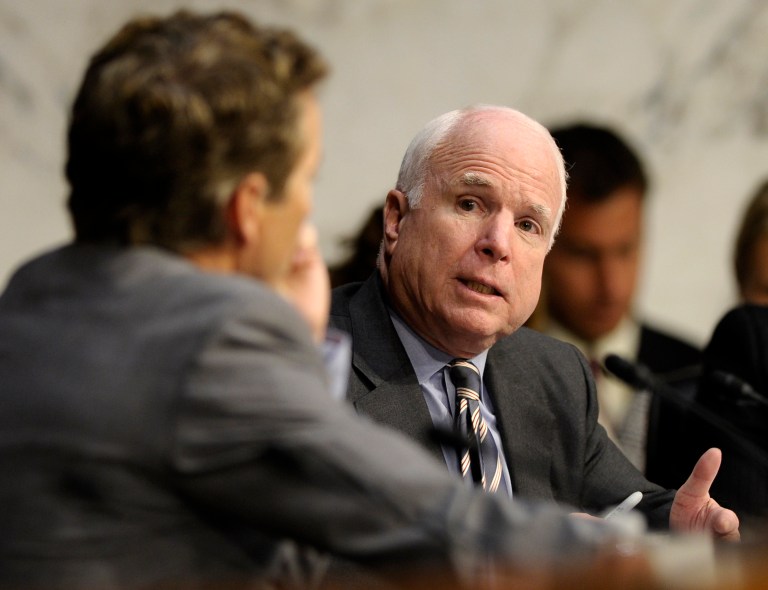 Senate Foreign Relations Committee members Sen. John McCain, R-Ariz, right, and Sen. Rand Paul, R-Ky., talk on Capitol Hill in Washington, Wednesday, Sept. 4, 2013. (AP Photo/Susan Walsh)