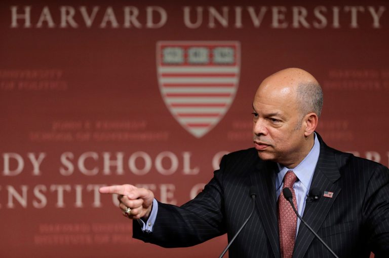 Homeland Security Secretary Jeh Johnson addresses an audience during a forum at John F. Kennedy School of Government on the campus of Harvard University, in Cambridge, Mass. (AP Photo/Steven Senne)