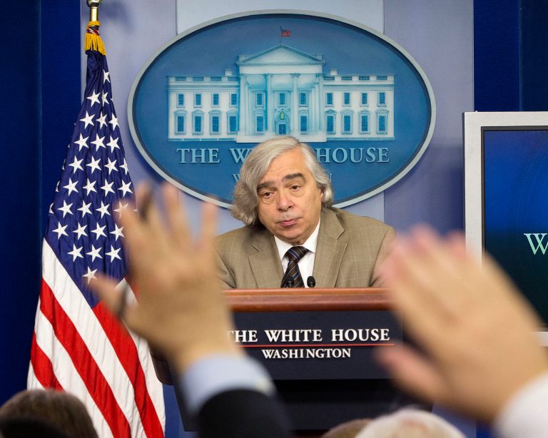 Members of the media raise their hands during Energy Secretary Ernest Moniz's briefing in the Brady Press Briefing Room of the White House in Washington, Friday, July 31, 2015. (AP Photo/Pablo Martinez Monsivais)