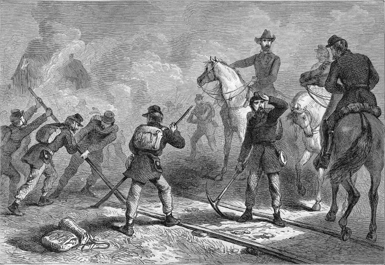 19th Century steel engraving of Sherman's March to the Sea. This print was published in 1878 in the book 