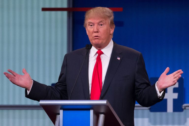 Republican presidential candidate Donald Trump participates in the first Republican presidential debate at the Quicken Loans Arena Thursday, Aug. 6, 2015, in Cleveland. (AP Photo/John Minchillo)