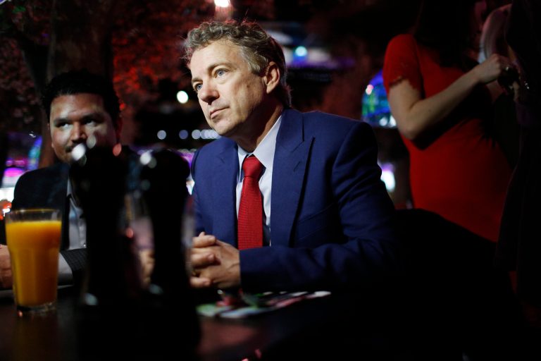 Sen. Rand Paul, R-Ky., speaks with people at the Peppermill restaurant Friday, Jan. 16, 2015, in Las Vegas. (AP Photo/John Locher)