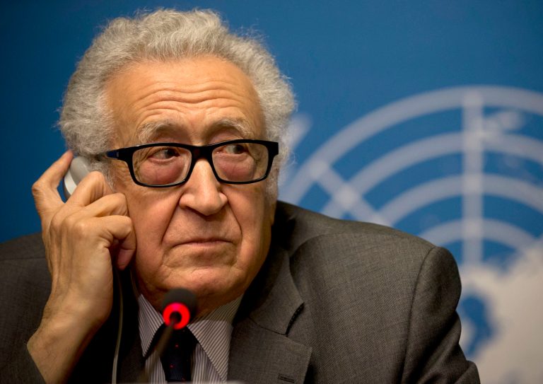 U.N. mediator Lakhdar Brahimi listens during a press briefing at the United Nations headquarters in Geneva, Switzerland, Friday, Jan. 24, 2014. After three days of escalating rhetoric _ and a day spent assiduously avoiding contact within the United Nations _ the two sides will meet âin the same room,â said the U.N. mediator trying to forge an end to the civil war _ or at least a measure of common ground to stem a civil war that has left 130,000 people dead. (AP Photo/Anja Niedringhaus)