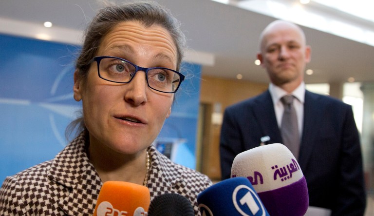 As Trump's foreign policy diverges from that of Prime Minister Justin Trudeau, on issues ranging from trade to climate change, she argued that Canada needs a stronger military. (AP Photo/Virginia Mayo, Pool)