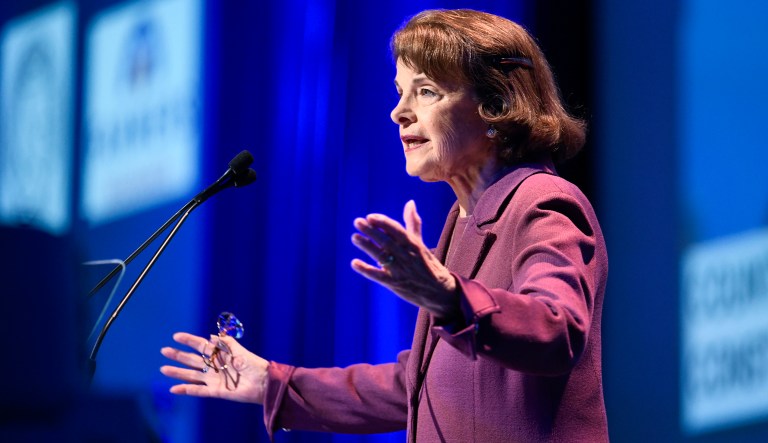 Sen. Dianne Feinstein, D-Calif., speaks at the 2018 California Democrats State Convention Saturday, Feb. 24, 2018, in San Diego. (AP Photo/Denis Poroy)