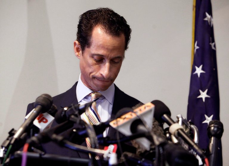 FILE - In a Thursday, June 16, 2011 photo, U.S. Rep. Anthony Weiner announces his resignation from Congress, in the Brooklyn borough of New York. Former New York state Rep. Weiner has returned to the forum that led to his political downfall in 2011, launching a new Twitter account. Weiner's first post Monday, April 22, 2013 was decidedly not racy: a link to a 20-page policy statement outlining 